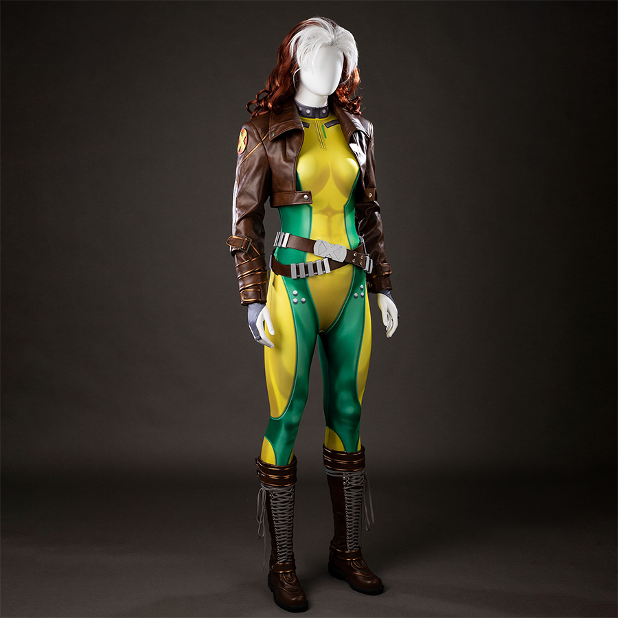 Front view of Rogue cosplay costume on a mannequin angled slightly left with a cropped brown jacket, green and yellow bodysuit, belt, and boots