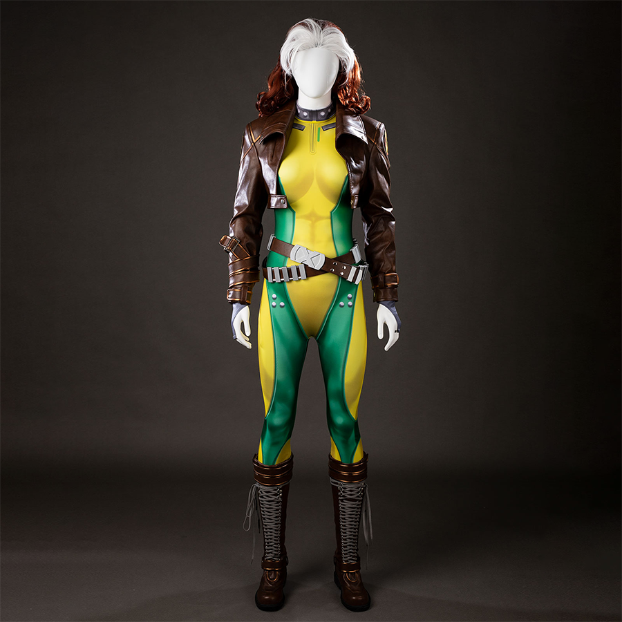 Front view of Rogue cosplay costume on a mannequin with a green and yellow bodysuit, cropped brown jacket, belt, gloves, boots, and white-streaked wig