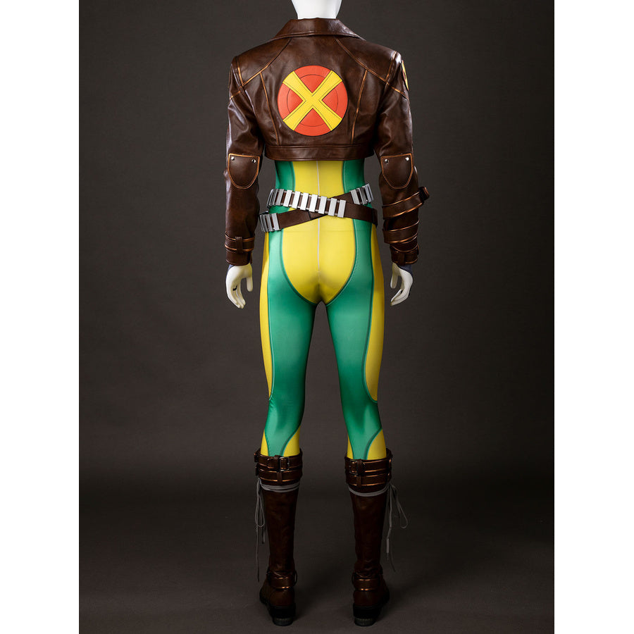 Three-quarter view of Rogue cosplay costume on a mannequin with the green and yellow bodysuit, cropped brown jacket, belt, and boots