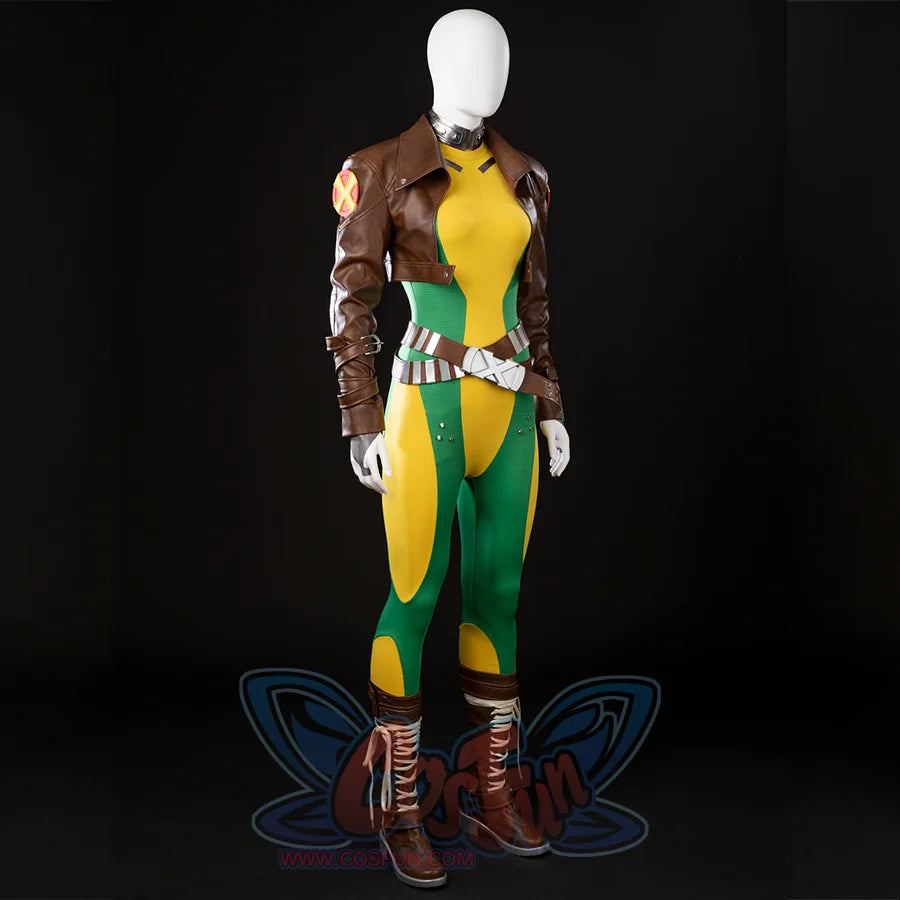 Angled view of Rogue Anna Marie cosplay costume with the cropped jacket, belts, and boots