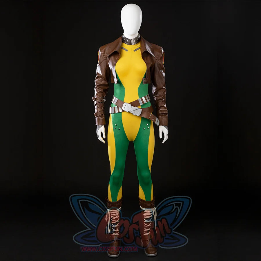 Angled view of Rogue Anna Marie cosplay costume with the cropped jacket, bodysuit, belt, and boots