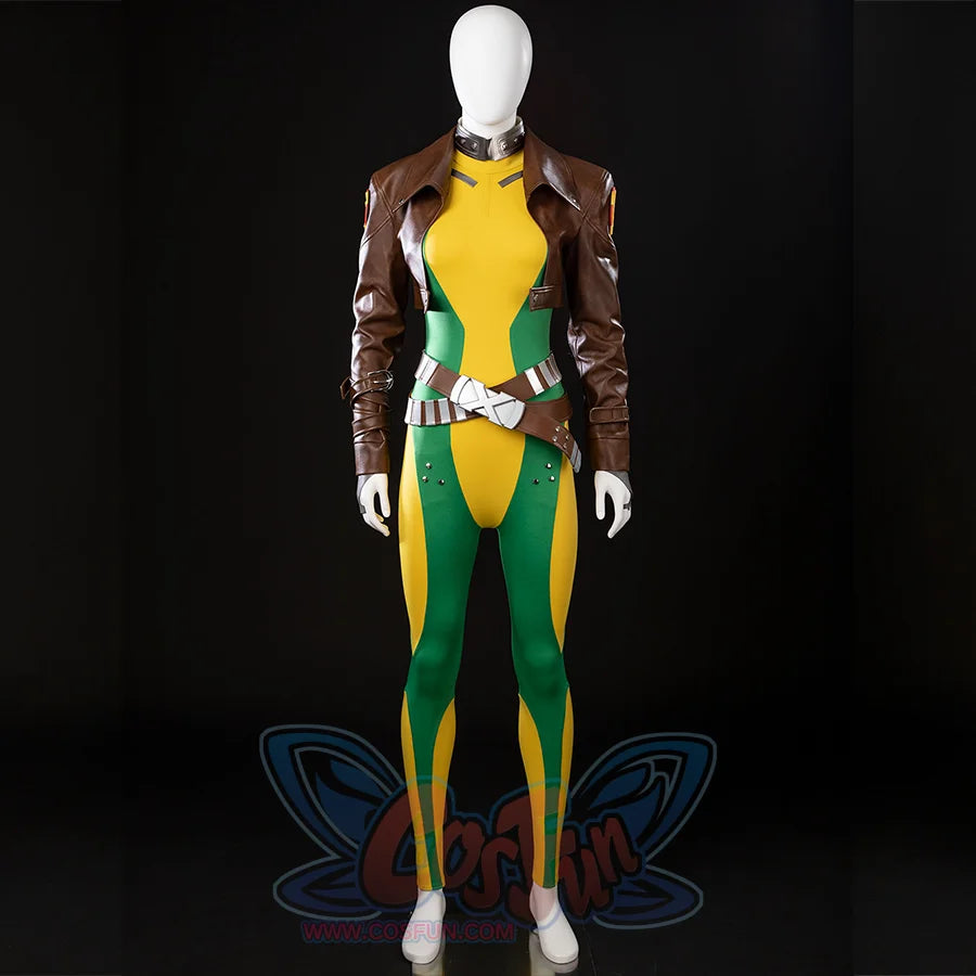 Full costume detail of Rogue Anna Marie cosplay with the cropped jacket, belts, and bodysuit