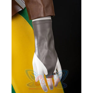 Close-up of Rogue cosplay glove detail with a gray cuff, white hand section, and small buckle accent