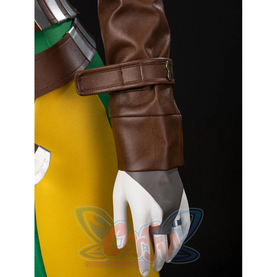 Close-up of Rogue Anna Marie costume hand with a long gray glove cuff, brown sleeve, and silver ring detail