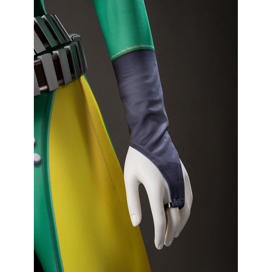 Close-up of Rogue cosplay glove, black belt, and yellow side panel beside the green sleeve