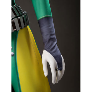 Close-up of Rogue cosplay glove, black belt, and yellow side panel beside the green sleeve