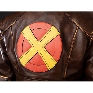 Close-up of Rogue cosplay jacket back with the red and yellow X-Men emblem on the brown panel