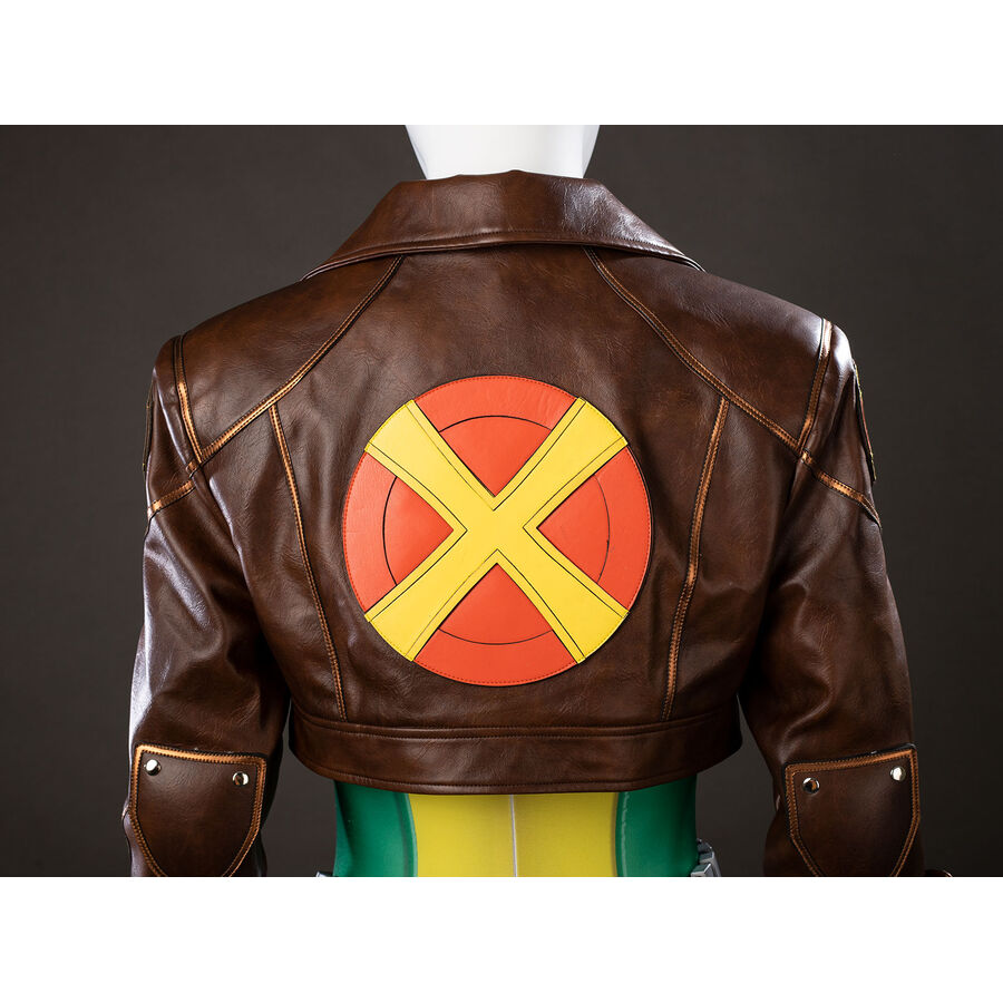 Back view of Rogue cosplay cropped jacket with the large X-Men emblem centered on the brown back panel