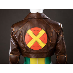 Back view of Rogue cosplay cropped jacket with the large X-Men emblem centered on the brown back panel