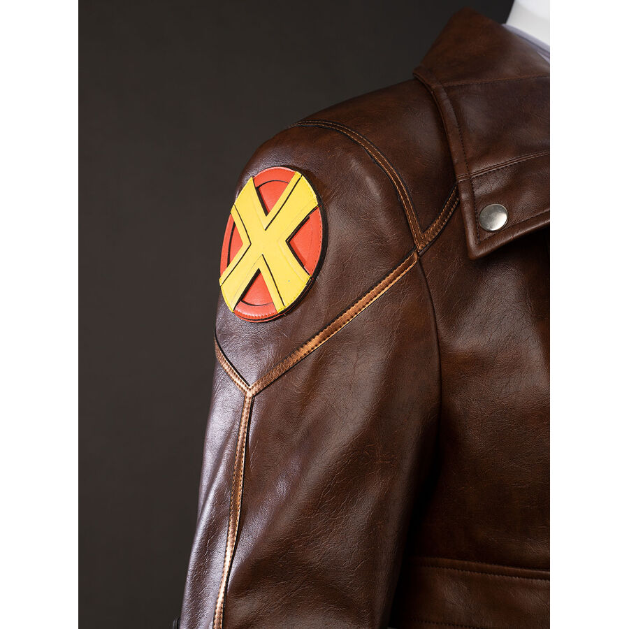 Close-up of Rogue cosplay jacket shoulder with the X-Men patch and stitched brown panel detail
