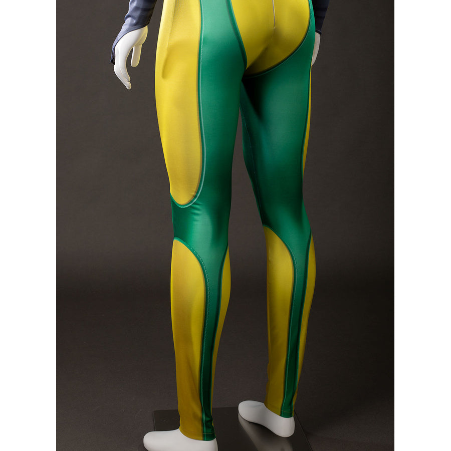 Back view of Rogue cosplay green and yellow leggings displayed on a mannequin