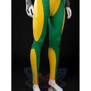 Close-up of Rogue cosplay lower bodysuit with green-yellow curved panels and fitted ankle-length legs