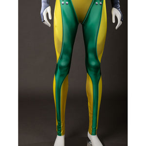 Front detail of Rogue cosplay green and yellow leg panels shown on a mannequin lower body