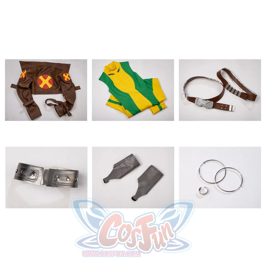 Flat lay of Rogue Anna Marie cosplay set with the jacket, bodysuit, belts, cuffs, gloves, and accessories