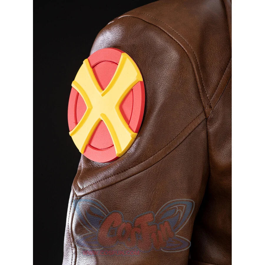 Close-up of Rogue Anna Marie jacket sleeve with the raised yellow X shoulder patch on brown faux leather