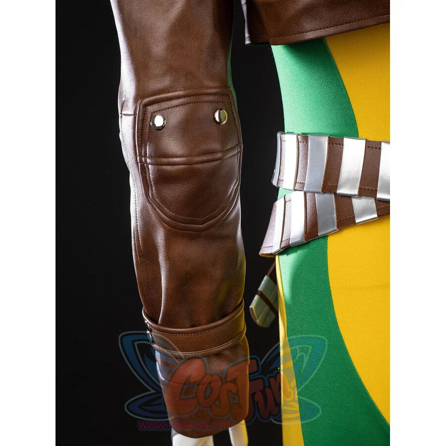 Close-up of Rogue cosplay sleeve with a padded elbow panel beside the striped brown belt and green panel