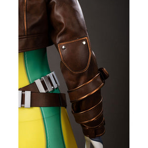 Close-up of Rogue cosplay jacket sleeve, elbow panel, and brown belt with silver buckle over the bodysuit
