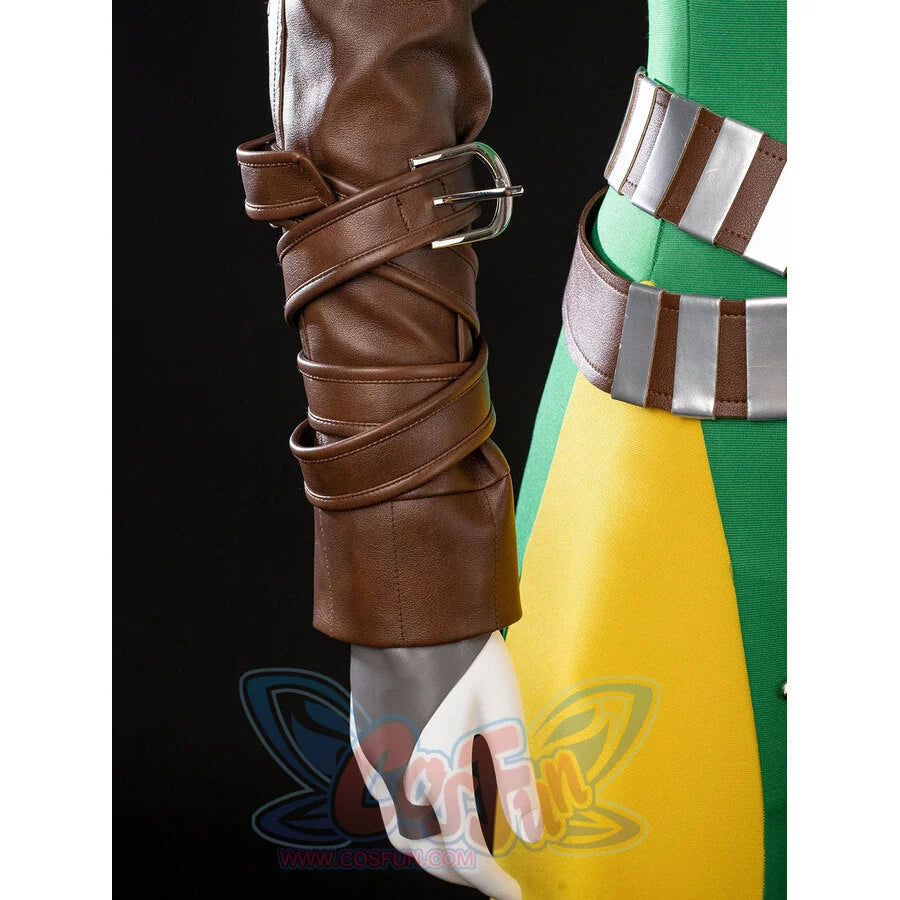 Close-up of Rogue Anna Marie costume showing the wrapped sleeve, silver glove, green bodysuit, and striped belt