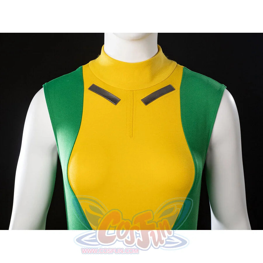 Close-up of Rogue cosplay sleeveless bodysuit top with a high collar and green-yellow color-block panels