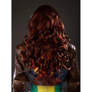 Back view of Rogue cosplay wig showing long red wavy curls over the shoulders and back of a mannequin