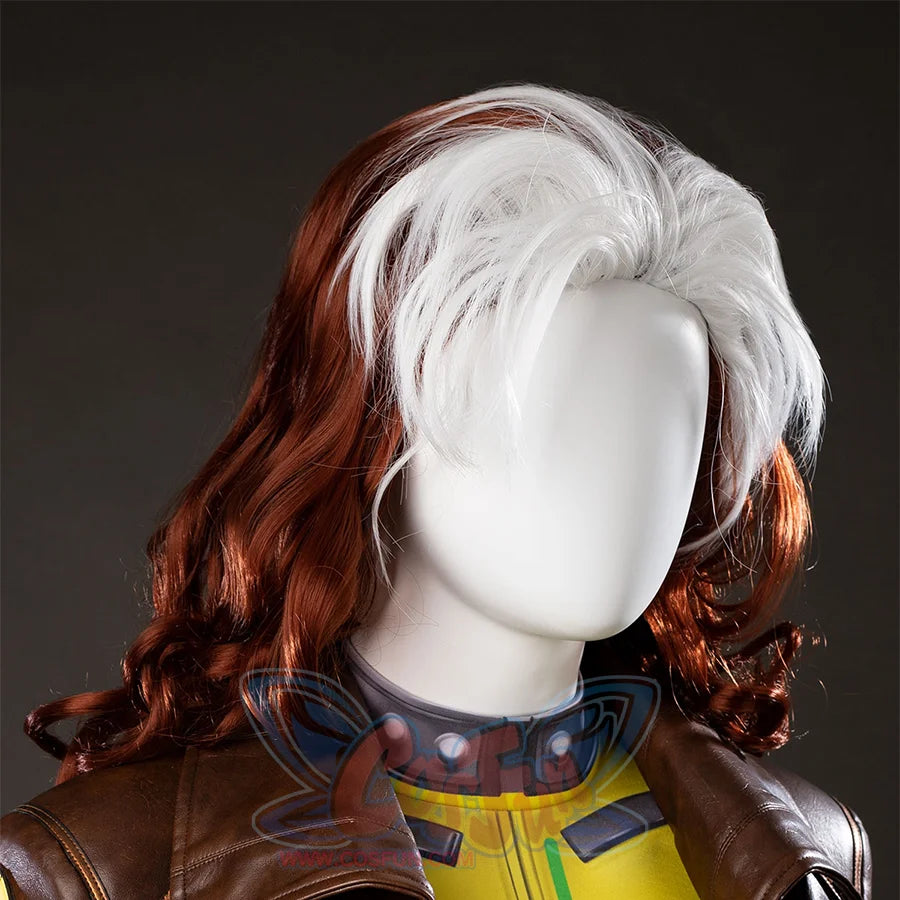 Right angled view of Rogue cosplay wig with thick white front streak, long red curls, and rounded crown on a mannequin