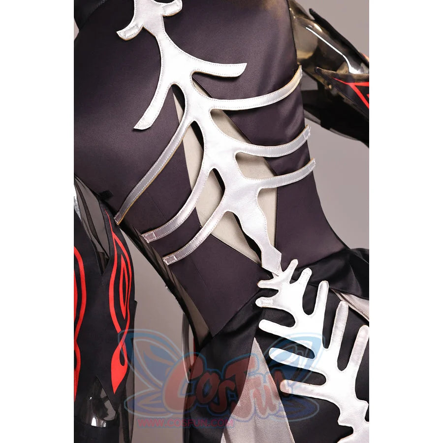 Ronova cosplay costume back detail with white spine-shaped trim and black ribbon accents.