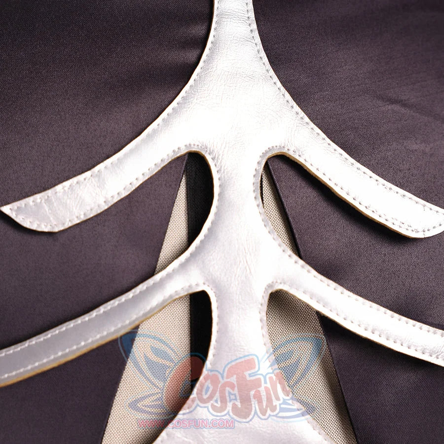 Ronova cosplay costume back trim close-up with white curved sections over gray fabric.