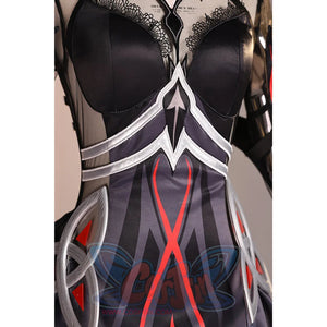 Ronova cosplay costume front bodice detail with layered silver-tone trim and red graphic lines.
