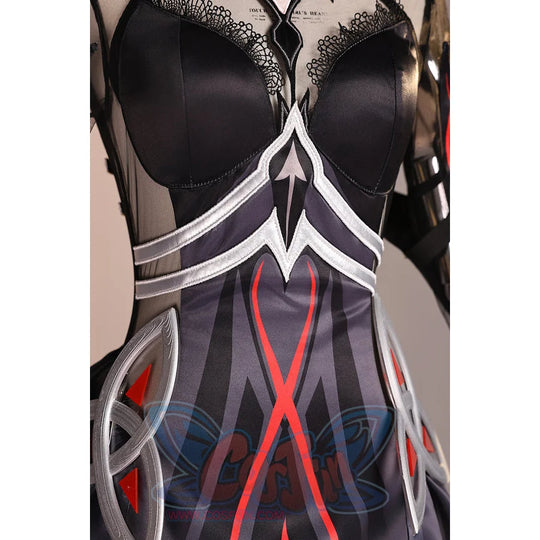 Ronova cosplay costume front bodice detail with layered silver-tone trim and red graphic lines.