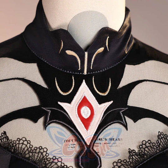 Ronova cosplay costume collar and chest detail with black mesh, gold-tone trim and a red diamond ornament.
