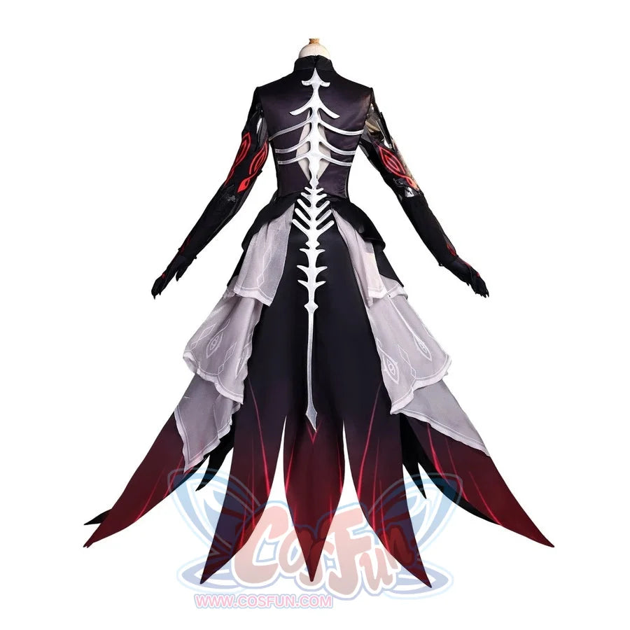 Ronova cosplay costume back view with a white spine-shaped ornament and layered pointed skirt panels.
