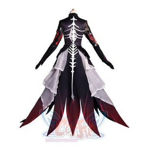 Ronova cosplay costume back view with a white spine-shaped ornament and layered pointed skirt panels.