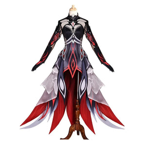 Genshin Impact Ronova cosplay costume front view with black, gray and red pointed skirt layers.