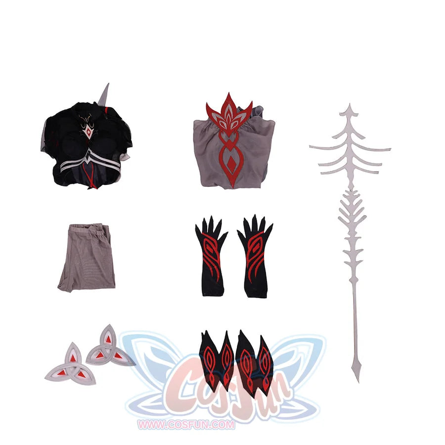 Ronova cosplay costume set flat lay with black, gray, red and white pieces arranged for viewing.