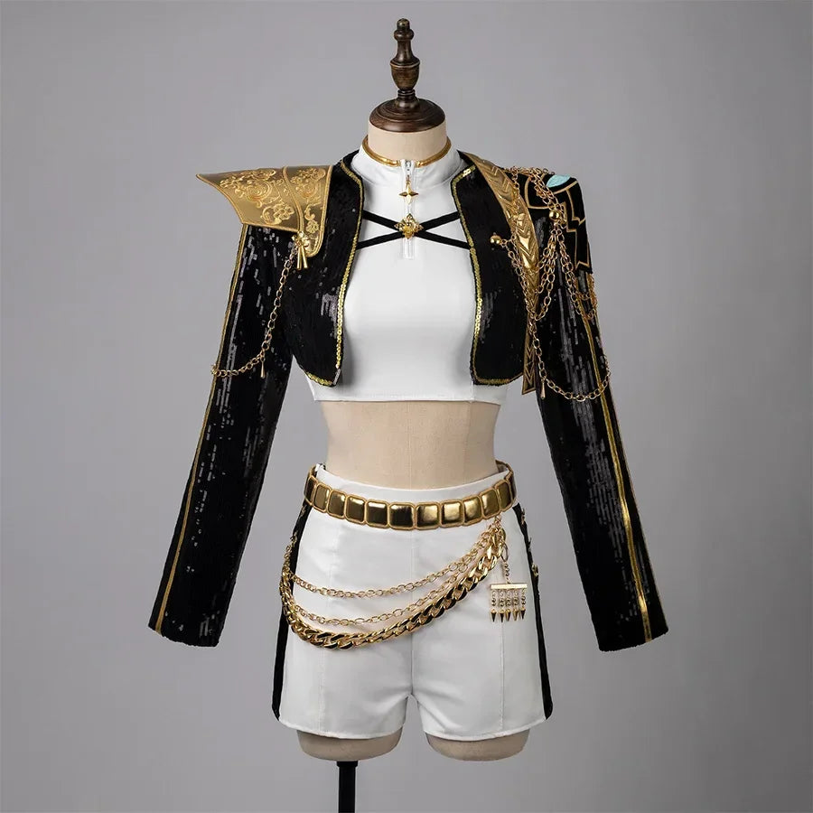 Rumi&#39;s cosplay set featuring a white cropped inner top, black sequin jacket with gold trims and decorative chains, and white shorts with wide gold belt and layered chains.