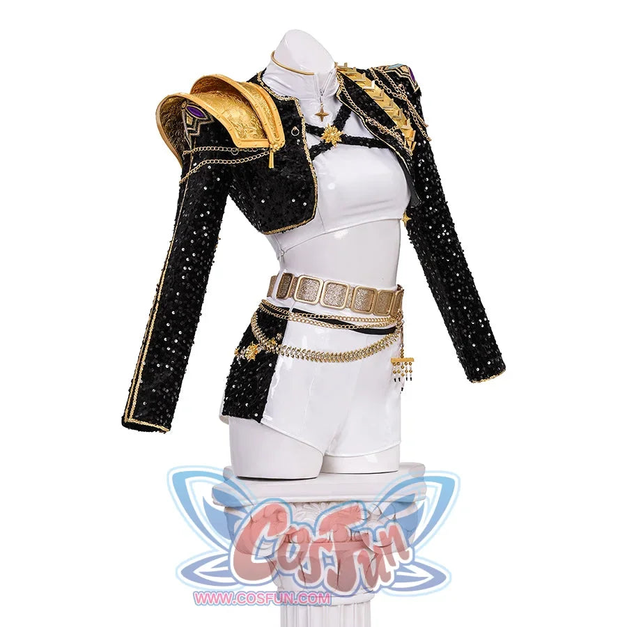kpop demon hunters rumi cosplay costume with black sequin jacket, gold shoulder details, and white shorts