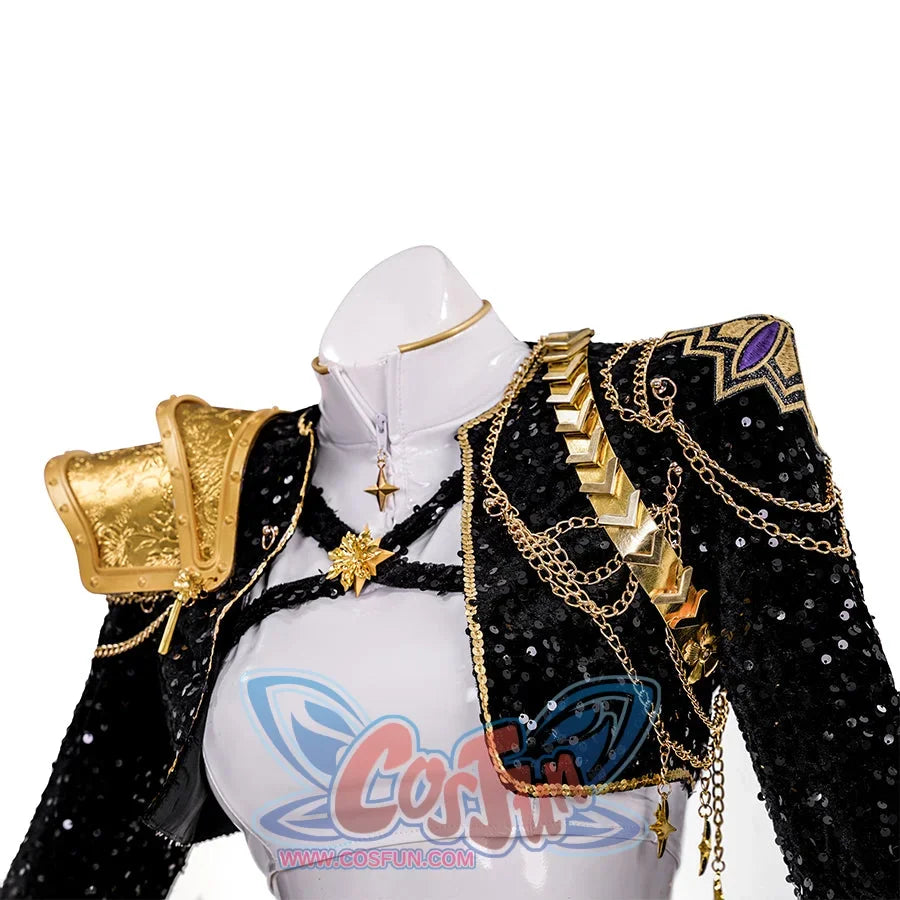 dazzling performance outfit with black jacket, gold decorations, and white shorts for kpop stage wear