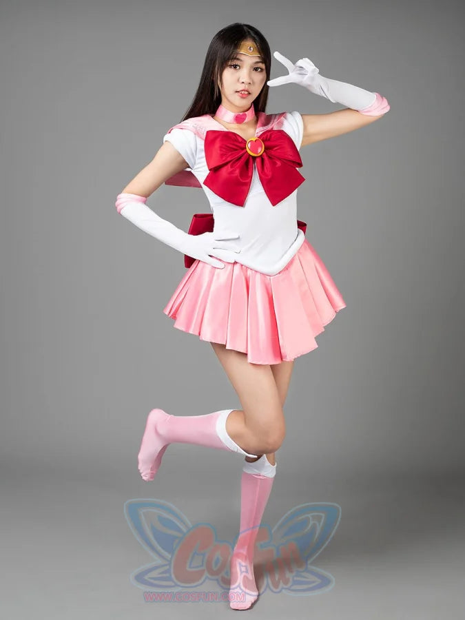 Sailor Chibi cosplay costume angled view frames the white bodice above a rose pleated skirt