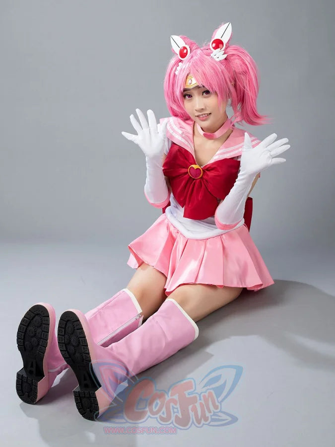 Sailor Chibi cosplay costume back view layers the pink collar above a soft waist bow