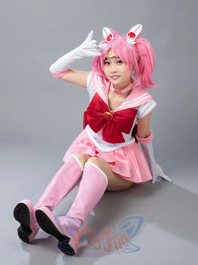 Sailor Chibi cosplay costume full front view sets the pink bow over rose pleated skirt panels