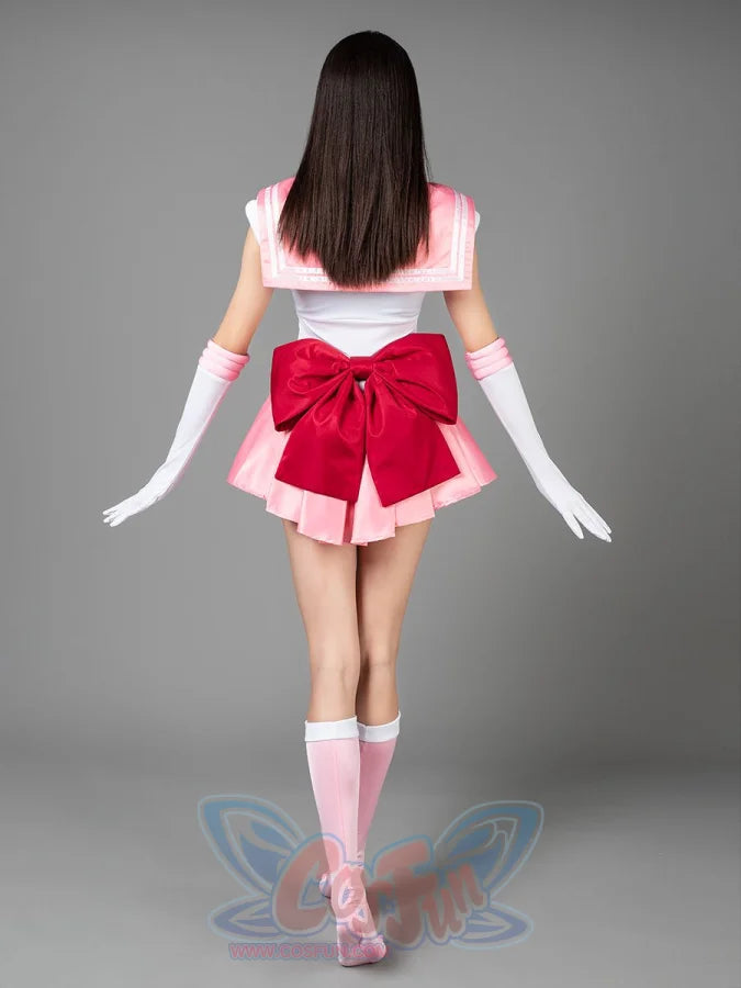 Sailor Chibi cosplay costume full view centers a pink chest bow above layered rose pleats