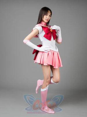 Sailor Chibi cosplay costume side pose layers the pink collar over a flared rose skirt