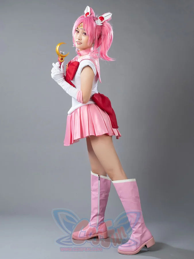 Sailor Chibi cosplay costume side view sets the white bodice against pink skirt movement
