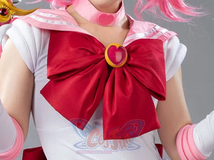 Sailor Chibi cosplay leg cover detail pairs pink panels beside the costume bow accents
