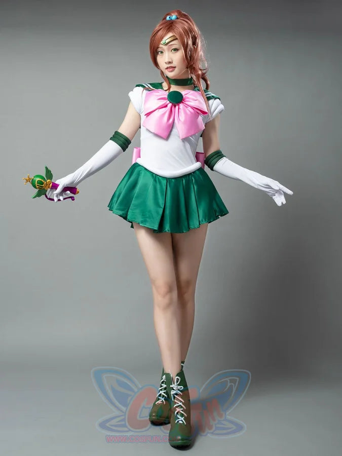 Sailor Jupiter cosplay costume front pose anchors the pink bow above crisp green pleats