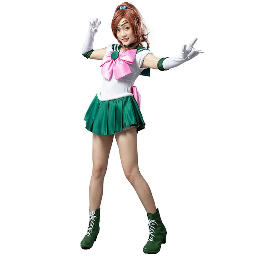 COSFUN Sailor Jupiter cosplay costume sets a pink bow over a white bodice and green pleats