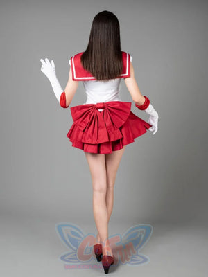 Sailor Mars cosplay costume angled pose frames the white bodice between gloves and red skirt folds