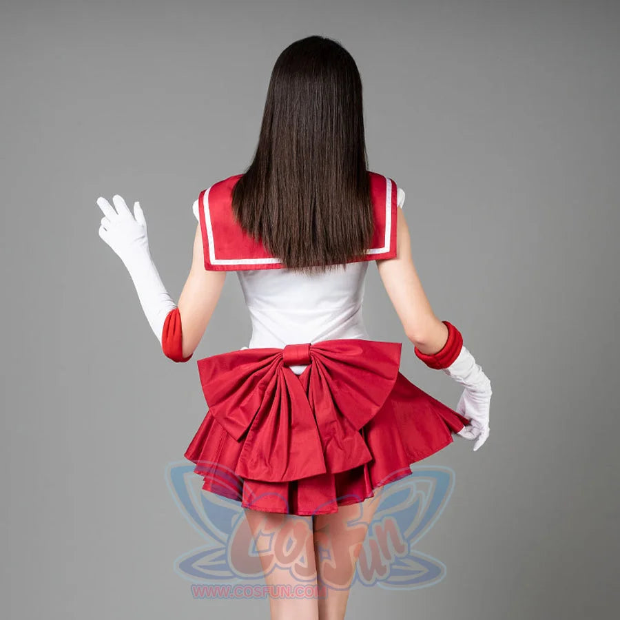 Sailor Moon Sailor Mars cosplay costume back view anchors a wide red waist bow above the layered pleated skirt.