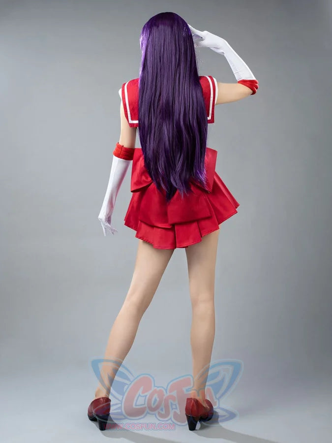 Sailor Mars cosplay costume back view frames the red collar above a deep purple waist bow