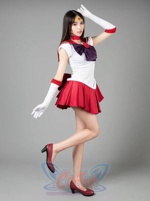 Sailor Mars cosplay costume front view centers a purple chest bow above the red pleated skirt